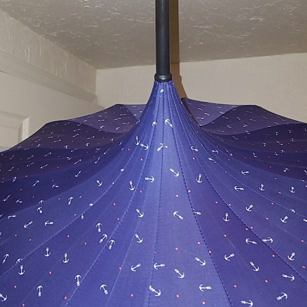 Tatyana Retro Nautical Blue Parasol Umbrella White Anchors Red Stars Hook Handle - Picture 4 of 11